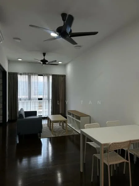 Living features: dark wood flooring, white painted walls, 2 ceiling fans, floor-to-ceiling windows, sheer curtains, grey fabric sofa, light wood coffee table, white dining table, 4 white dining chairs, open shelving unit, area rug; style: modern; view: city.