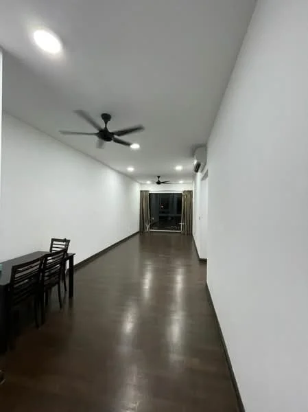 Room features: white painted walls, dark wood flooring, 5-blade ceiling fan, recessed LED downlights, dining table with chairs, sliding glass door, curtains, air conditioning unit; style: modern.