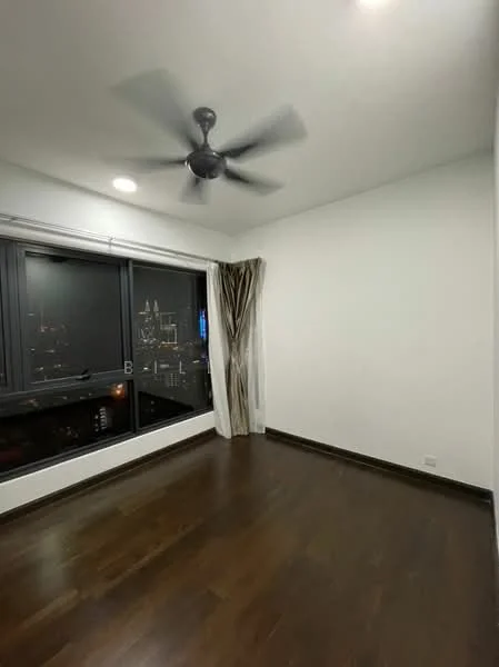 Bedroom features: dark wood flooring, white painted walls, ceiling fan, floor-to-ceiling windows, sheer curtains, city view; style: modern; view: city.