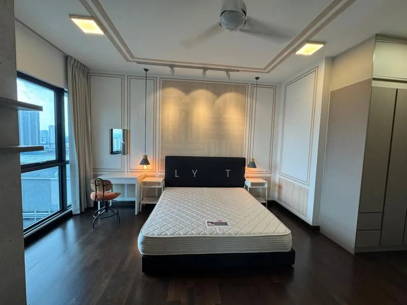 Bedroom features: king-size bed, upholstered headboard, 2 bedside lamps, wooden flooring, floor-to-ceiling windows, curtains, wall-mounted mirror, built-in wardrobe, ceiling fan, recessed lighting, decorative wall paneling; style: modern; view: city.