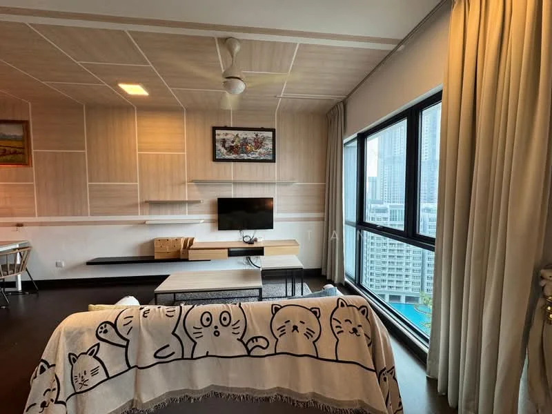Living features: wood panelled walls, dark wood flooring, 5-blade ceiling fan with light, floor-to-ceiling windows, sheer curtains, wall-mounted TV, TV console, coffee table, sofa with decorative throw, artwork on wall; style: modern; view: city.