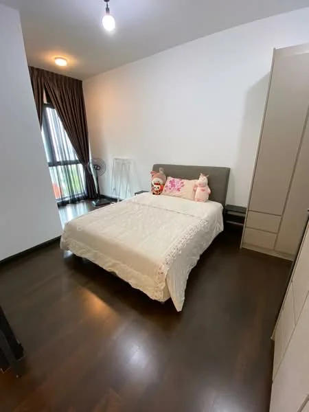 Bedroom features: queen-size bed with white bedding, upholstered headboard, decorative pillows, wooden flooring, floor-to-ceiling window with sheer curtains, dark brown curtains, wall-mounted fan, built-in wardrobe with sliding doors, decorative stuffed animals, light fixture on ceiling; style: modern.