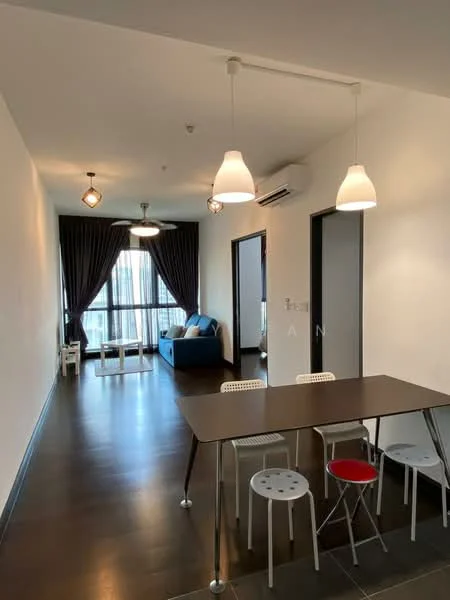 Living features: dark wood flooring, white painted walls, floor-to-ceiling windows, blackout curtains, 2 pendant lights, 1 ceiling light, blue fabric sofa, coffee table, 4 dining chairs, air conditioning unit, decorative wall art; style: modern; view: city.