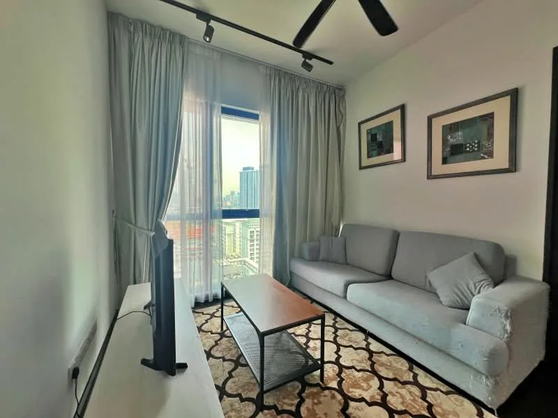 Living features: grey fabric 3-seater sofa, wood coffee table, black TV console, floor-to-ceiling windows, sheer curtains, blackout curtains, decorative wall art, area rug with geometric pattern, ceiling fan with light, recessed downlights; style: modern; view: city.