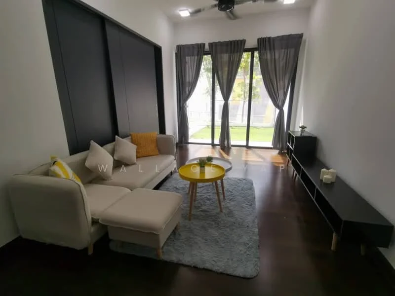 Living features: 3-seater fabric sofa in light grey, ottoman, round coffee table with wooden legs, area rug with soft texture, floor-to-ceiling windows, sliding glass door, grey sheer curtains, black TV console, decorative throw pillows, ceiling fan with light, wooden flooring; style: modern; view: garden.