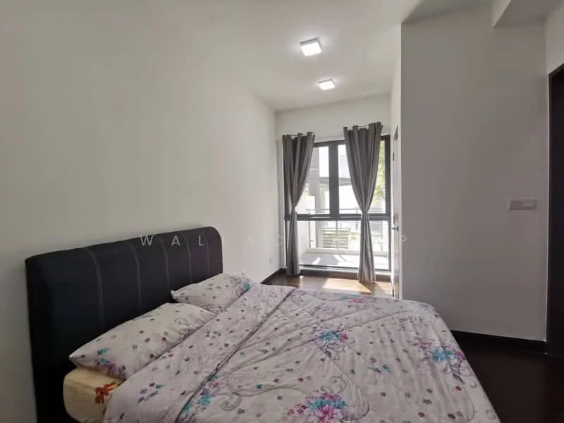 Bedroom features: queen-size bed with floral bedding, black upholstered headboard, floor-to-ceiling windows, grey curtains, white painted walls, recessed LED downlights, dark wood flooring, built-in wardrobe; style: modern.