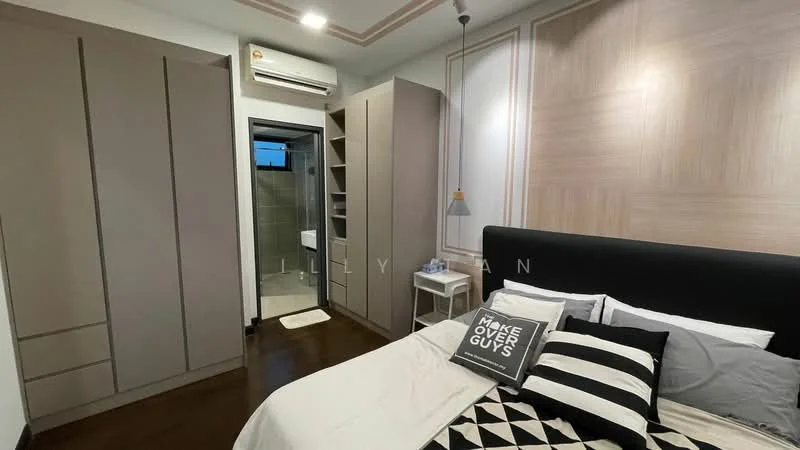 Bedroom features: king-size bed with black upholstered headboard, white bedding with black and white geometric throw pillows, built-in wardrobe with sliding doors, wooden flooring, recessed ceiling with decorative trim, 1 wall-mounted split AC, pendant light fixture, decorative wall paneling, area rug with geometric pattern, open shelving unit, doorway leading to bathroom; style: modern. Bathroom features: tiled walls, toilet, sink with vanity, shower area, mirror, light fixture.
