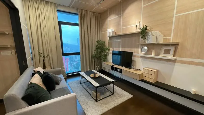 Living features: grey fabric 3-seater sofa, black and white decorative cushions, wooden coffee table with black top, area rug with light color, wall-mounted TV, floating shelf with decorative items, potted plant, floor-to-ceiling windows with sheer curtains, wood panel accent wall, dark wood flooring; style: modern; view: city.