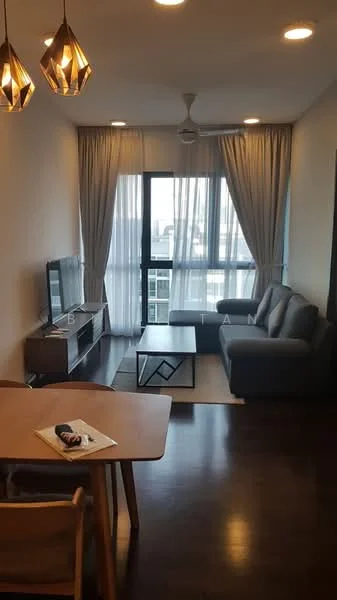 Living features: grey fabric sofa, coffee table, TV console, wall-mounted TV, floor-to-ceiling windows, sheer curtains, ceiling fan, area rug, wooden flooring, decorative wall art, recessed downlights; style: modern; view: city.