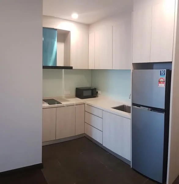 Kitchen features: light wood cabinetry, white countertop, single-bowl stainless-steel sink, chrome pull-down faucet, built-in induction cooktop, built-in microwave, stainless-steel fridge, glass backsplash, recessed downlights, dark tile flooring; style: modern.