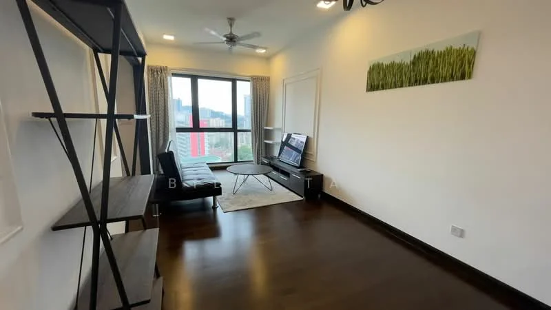 Living features: dark hardwood flooring, white painted walls, ceiling fan with light, floor-to-ceiling windows, curtains, TV console, wall-mounted TV, coffee table, decorative artwork, open shelving unit, area rug; style: modern; view: city.