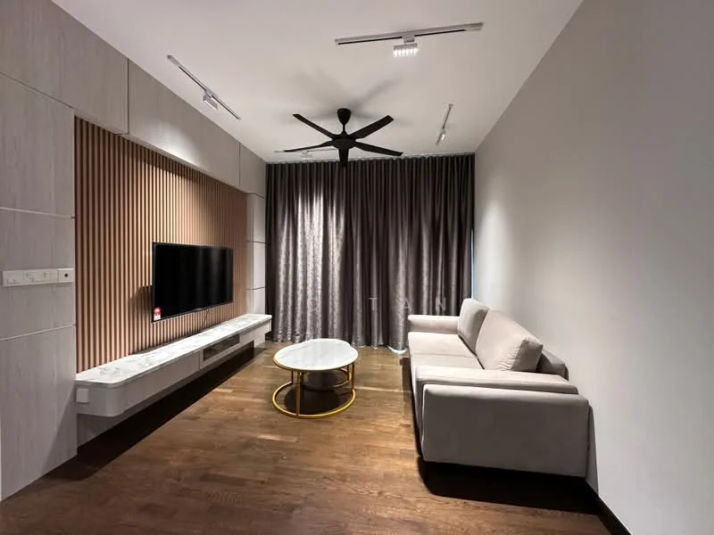 Living features: 3-seater fabric sofa in light grey, round coffee table with white top and gold base, wall-mounted TV, wood panel feature wall, dark wood flooring, floor-to-ceiling curtains in grey, 5-blade ceiling fan with light, recessed LED downlights; style: modern.