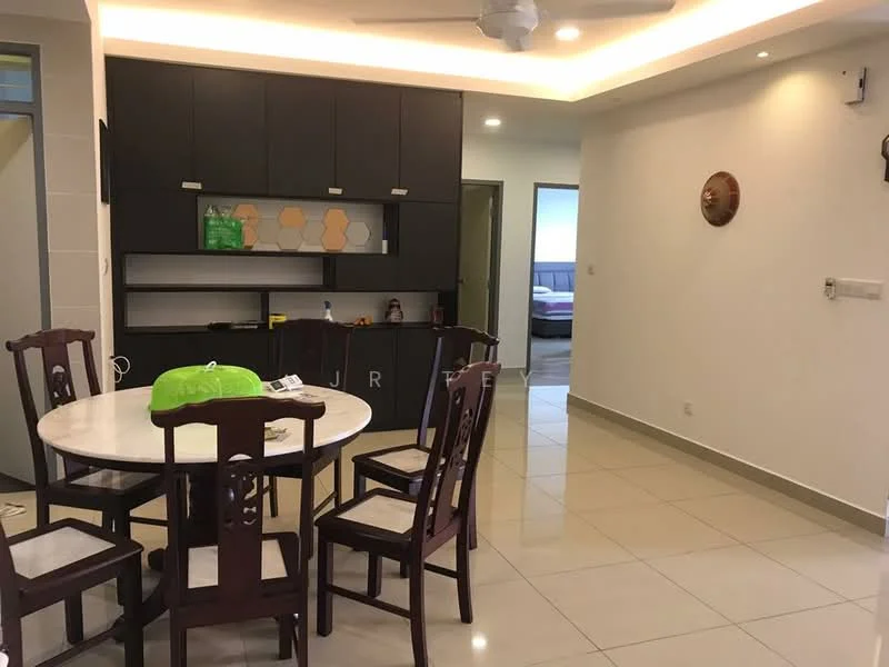 Dining features: round dining table, 6 wooden dining chairs, white ceramic table top, dark wood cabinetry, open shelving, recessed ceiling lights, wall-mounted decor, glossy tile flooring, ceiling fan; style: modern. Living features: open layout, natural light from adjacent room, neutral wall color; style: modern.