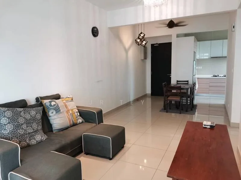 Living features: 3-seater fabric sofa in grey, 2 matching ottomans, wooden coffee table, wall-mounted clock, pendant light fixture, ceiling fan, tile flooring, white painted walls, decorative cushions, dining table with chairs visible in background; style: modern.
