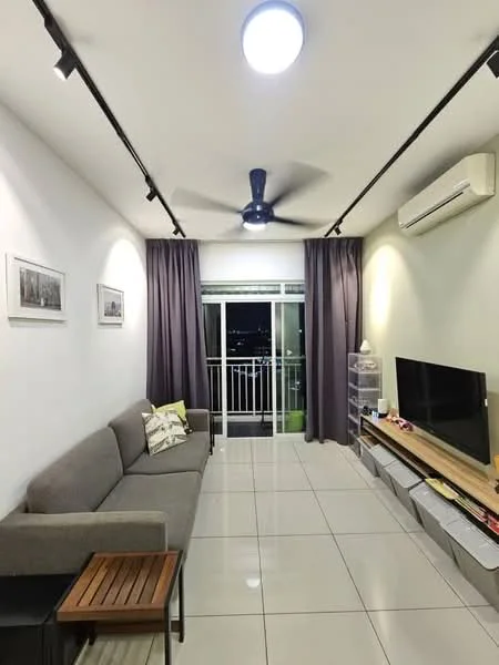 Living features: grey fabric sofa, wooden coffee table, wall-mounted TV, TV console with storage, recessed LED downlights, 5-blade ceiling fan, floor-to-ceiling sliding glass door, curtains, white painted walls, glossy tile flooring, decorative wall art; style: modern; view: city.