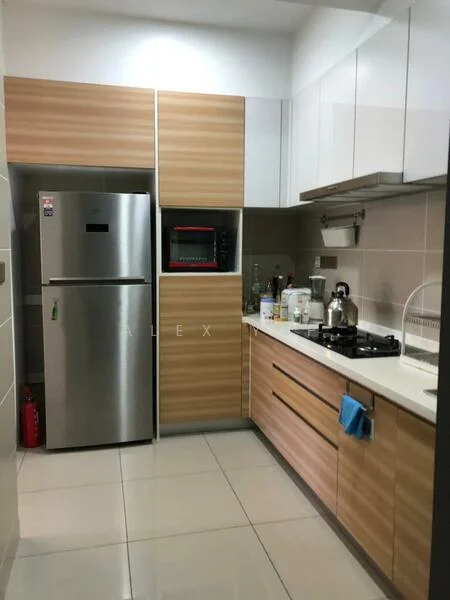 Kitchen features: stainless-steel fridge, built-in microwave, freestanding gas stove, white countertop, wood cabinetry, light grey tile backsplash, cream tiled flooring, kettle, teapot, kitchen utensils, fire extinguisher, dish soap, blue dish towel; style: modern.