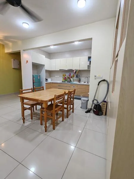 Kitchen features: white cabinets, stainless-steel fridge, built-in oven, 4-burner gas hob, single-bowl stainless-steel sink, chrome pull-down faucet, ceramic tile flooring, recessed downlights, dining table with 6 wooden chairs, wall-mounted split AC, open shelving, decorative wall with green paint; style: modern.