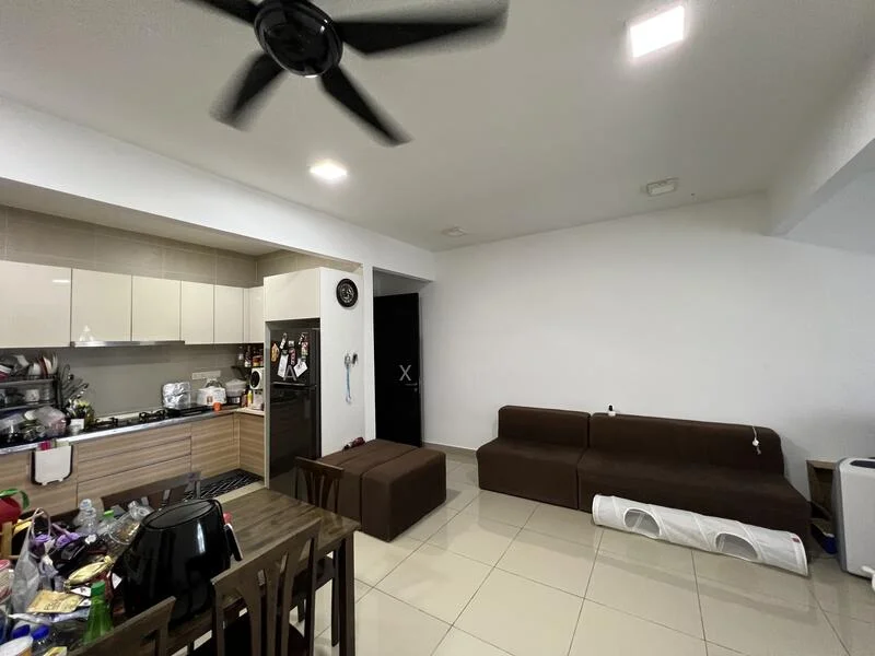 Living features: 3-seater fabric sofa in brown, coffee table, wall-mounted clock, ceiling fan, tile flooring, white painted walls, kitchen area with cabinetry, black refrigerator, dining table with chairs; style: modern.