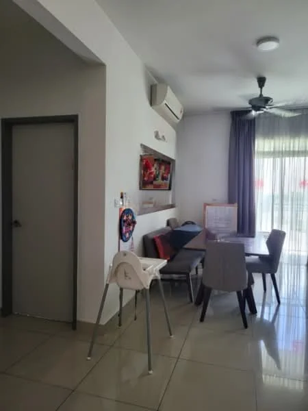 Dining features: dining table with grey chairs, high chair, sofa with cushions, wall-mounted mirror, floor-to-ceiling windows with sheer curtains, recessed ceiling lights, wall-mounted air conditioning unit, glossy tile flooring; style: modern. Room features: white painted walls, grey door.