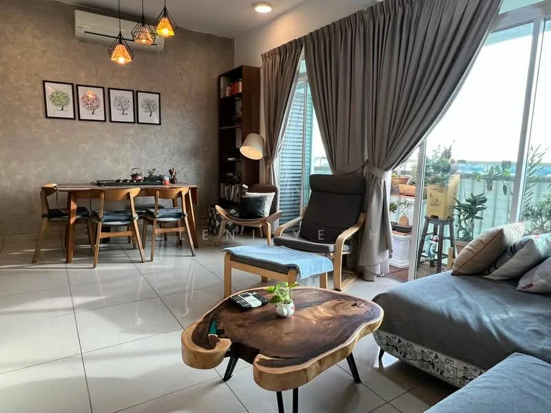 Living features: grey accent wall, white tiled flooring, 5-blade ceiling fan with light, recessed downlights, floor-to-ceiling windows, sheer curtains, sliding glass door, coffee table with natural wood finish, 3-seater fabric sofa in grey, armchair with wooden frame, dining table for 6 with black chairs, decorative wall art, indoor plants; style: modern; view: city.