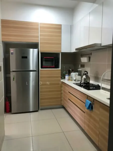 Kitchen features: stainless-steel fridge, built-in microwave, freestanding gas stove, white quartz countertop, wood cabinetry with light wood finish, white tile backsplash, ceramic tile flooring, wall-mounted shelf, kitchen utensils on countertop, fire extinguisher, kitchen towel hanging; style: modern.