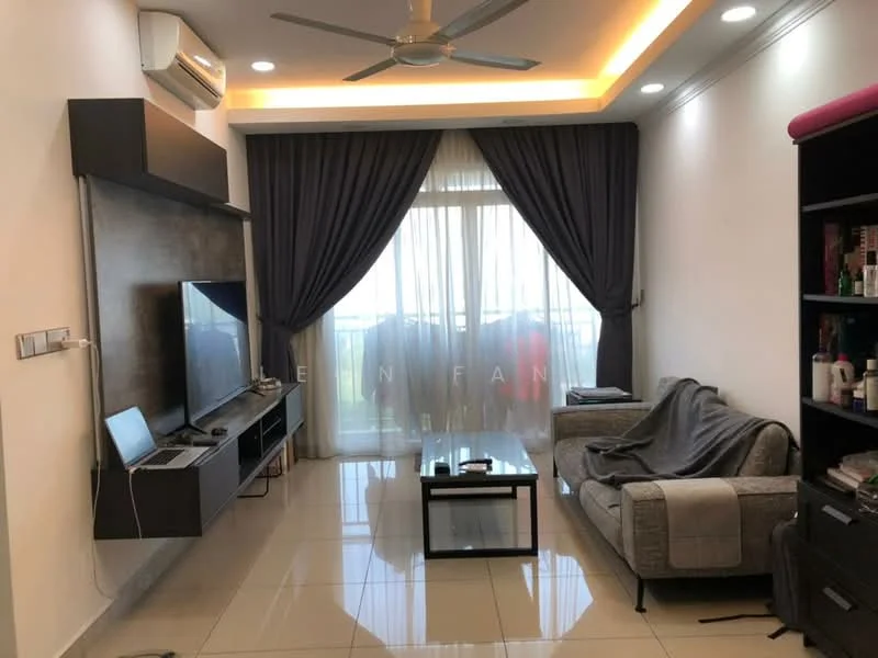 Living features: 3-seater fabric sofa in grey, glass coffee table, wall-mounted TV, TV console, floor-to-ceiling windows, sheer curtains, blackout curtains, recessed downlights, ceiling fan, cream painted walls, glossy tile flooring, decorative wall paneling; style: modern; view: city.