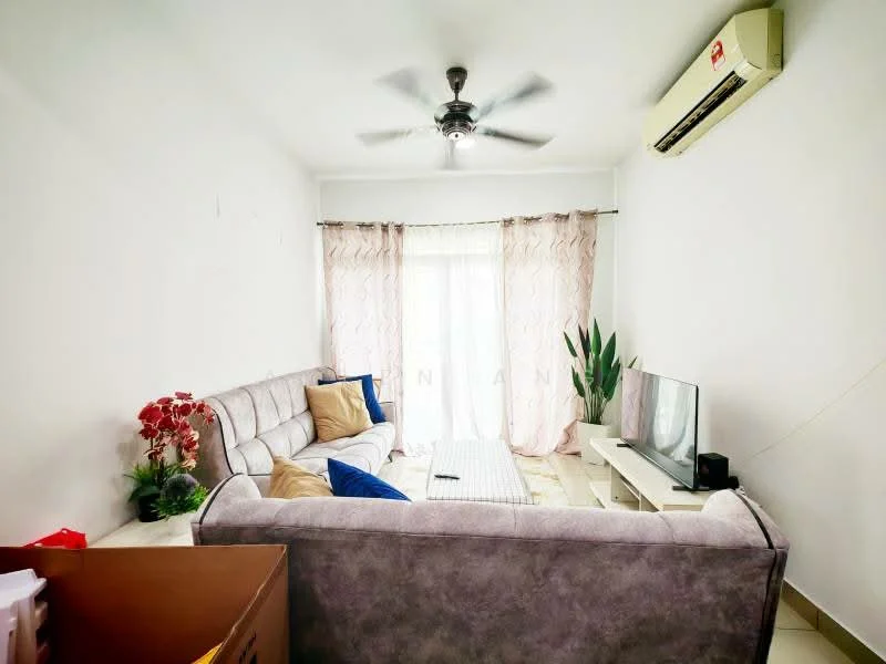 Living features: 3-seater fabric sofa in grey, coffee table, wall-mounted TV, 5-blade ceiling fan with light, floor-to-ceiling windows, sheer curtains, potted plants, light-colored walls, tile flooring, air conditioning unit; style: modern.