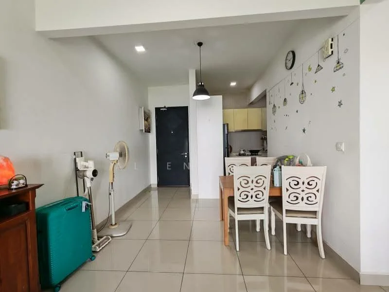 Dining features: dining table with four chairs, cream painted walls, tile flooring, ceiling light fixture, wall clock, fan, green suitcase, wooden side table, kitchen area visible in background; style: modern.