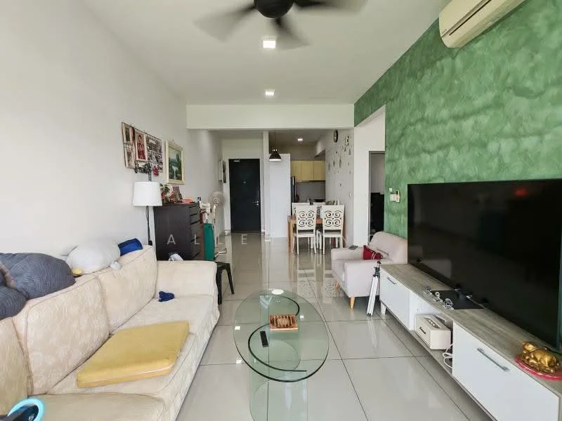 Living features: cream fabric sofa, yellow throw pillow, glass coffee table, wall-mounted TV, TV console with storage, white dining table with four chairs, green accent wall with textured finish, white tiled flooring, ceiling fan, air conditioning unit; style: modern.