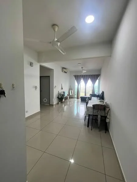 Living features: white painted walls, glossy ceramic tile flooring, 5-blade ceiling fan with light, recessed downlights, floor-to-ceiling windows, sheer curtains, TV console, dining table with chairs, wall-mounted TV, air conditioning unit; style: modern.