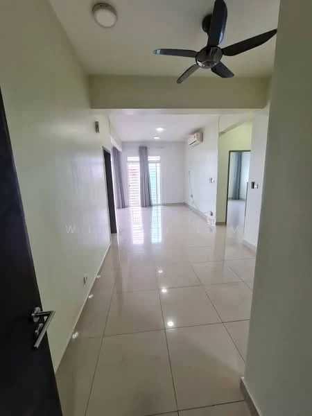 Room features: cream painted walls, glossy tile flooring, 5-blade ceiling fan, recessed downlights, floor-to-ceiling windows, sliding glass door, curtains, air conditioning unit; style: modern; view: city.
