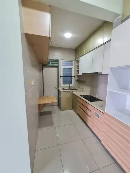 Kitchen features: white cabinets with flat-panel design, wooden countertop, stainless-steel sink, chrome pull-down faucet, built-in oven, freestanding range oven, ceramic tile flooring, wall-mounted shelving, window for natural light, light fixture in ceiling, tile backsplash, small table attached to wall; style: modern.
