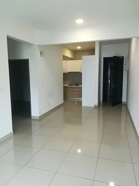 Room features: white painted walls, glossy ceramic tile flooring, recessed downlights, kitchen area with upper and lower cabinets, kitchen countertop, black door, open layout, visible kitchen appliances, neutral color scheme; style: modern.