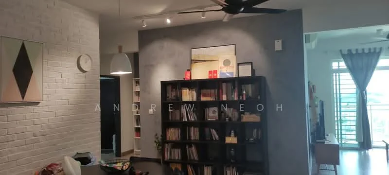 Living features: white painted walls, blue accent wall, exposed brick wall, dark wood flooring, 5-blade ceiling fan, recessed downlights, large mirror, black bookshelf with books, wall clock, decorative artwork, curtains, floor-to-ceiling windows; style: modern; view: city.