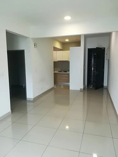 Room features: white painted walls, glossy ceramic tile flooring, recessed downlights, kitchen area with cabinetry, open layout, doorway leading to another room, door leading to kitchen, neutral color scheme; style: modern.