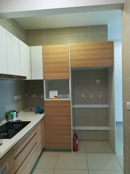 Kitchen features: white cabinetry with wood accents, stainless-steel gas hob, built-in oven, white tiled backsplash, light grey wall tiles, light grey floor tiles, open shelving, fire extinguisher, countertop space, under-cabinet lighting; style: modern.