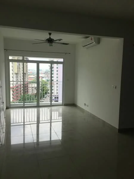 Living features: white painted walls, glossy marble tile flooring, 5-blade ceiling fan, wall-mounted split AC, floor-to-ceiling sliding glass door, balcony access, city view, recessed lighting; style: modern; view: city.