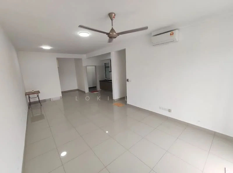 Living features: white painted walls, glossy ceramic tile flooring, 5-blade ceiling fan with light, wall-mounted split AC, recessed downlights, large windows, open layout, neutral decor; style: modern.