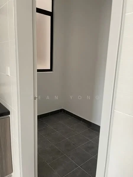 Room features: grey ceramic tile flooring, white painted walls, single window, corner room.