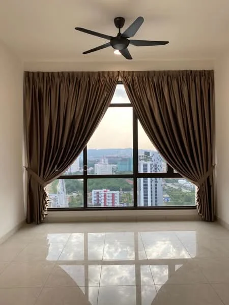 Room features: floor-to-ceiling windows, brown curtains, 5-blade ceiling fan, glossy marble flooring, neutral painted walls, city view; style: modern; view: city.