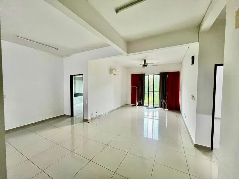 Living features: white painted walls, polished ceramic tile flooring, tray ceiling, 5-blade ceiling fan, floor-to-ceiling sliding glass door, red curtains, natural light from windows, open layout; style: modern; view: garden.