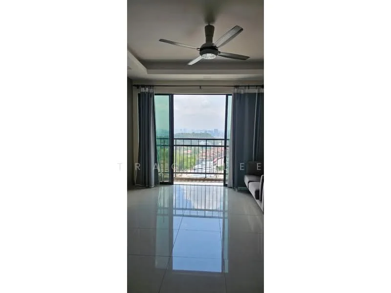 Living features: large floor-to-ceiling windows, sliding glass door, grey sheer curtains, white walls, recessed downlights, 5-blade ceiling fan with light, polished ceramic tile flooring, balcony view of city skyline; style: modern; view: city.