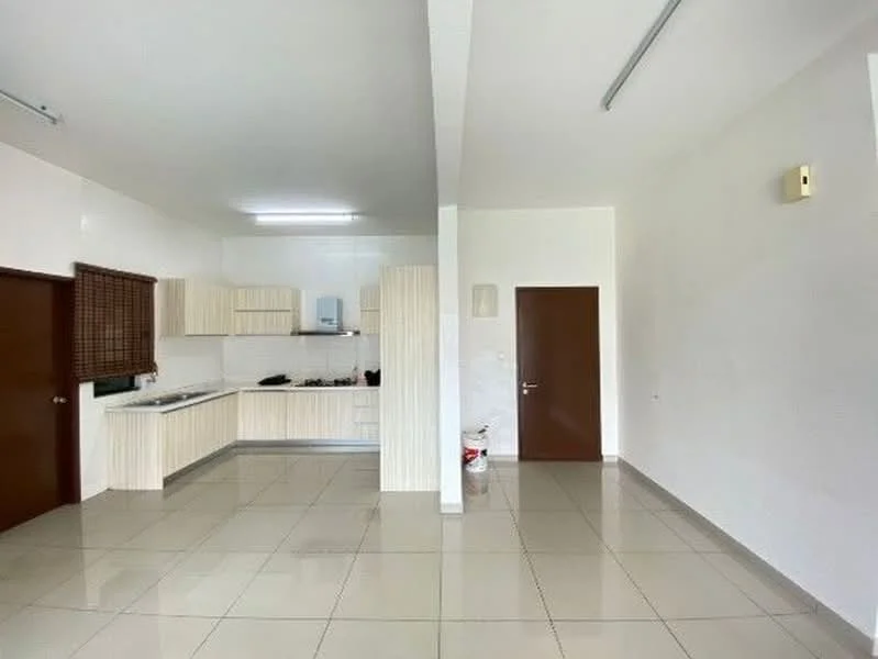 Kitchen features: white cabinetry, ceramic tile flooring, stainless-steel sink, built-in stove, exhaust hood, white tiled backsplash, countertop with space for appliances, window with wooden blinds; style: modern. Living features: neutral painted walls, ceramic tile flooring, single wooden door, recessed ceiling lights; style: modern.