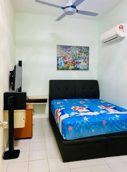 Bedroom features: queen-size bed with black upholstered headboard, bedding with colorful design, wall-mounted TV, wooden bedside table, black TV console, 1 wall-mounted split AC, light-colored walls, white tiled flooring, ceiling fan with 3 blades, framed artwork on wall; style: modern.