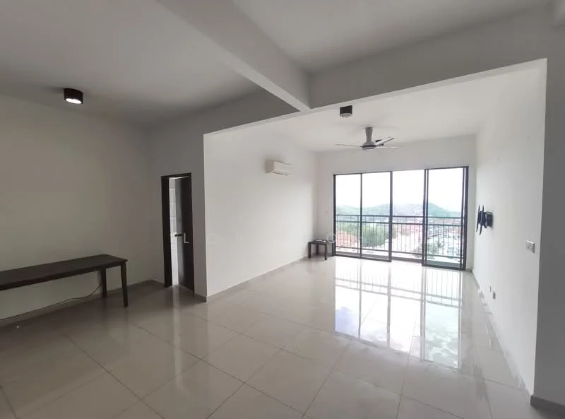 Living features: white painted walls, polished ceramic tile flooring, 5-blade ceiling fan with light, floor-to-ceiling windows, sliding glass door, mountain view, wall-mounted TV, air conditioning unit; style: modern; view: mountain.