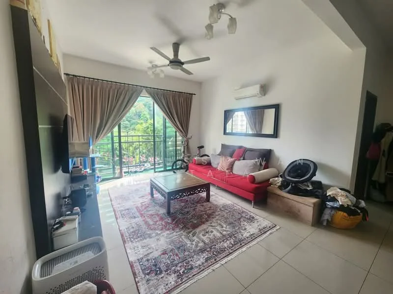Living features: 3-seater fabric sofa in red, coffee table, area rug with intricate pattern, wall-mounted TV, TV console, floor-to-ceiling windows, sliding glass door, curtains, ceiling fan, recessed downlights, decorative mirror, wall clock, built-in shelving, air conditioning unit; style: modern; view: garden.