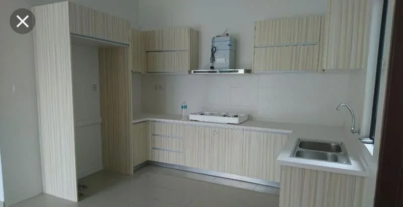 Kitchen features: light wood cabinetry with vertical stripes, white countertop, stainless-steel sink, chrome pull-down faucet, built-in gas hob, exhaust hood, white tiled backsplash, ceramic tile flooring, open shelving, space for refrigerator, laundry area with plumbing visible; style: modern.