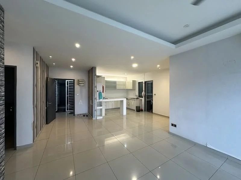 Living features: glossy ceramic tile flooring, white painted walls, recessed downlights, open-plan layout, kitchen area visible, large windows, air conditioning unit, neutral color scheme, sliding glass door, decorative wall paneling; style: modern.