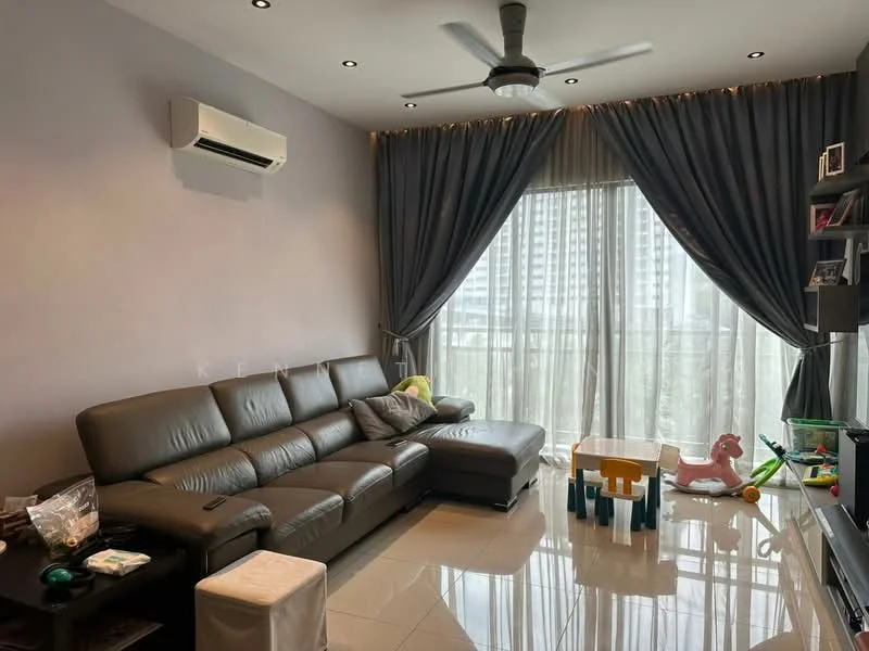Living features: 3-seater leather sofa in dark grey, L-shape sectional sofa, coffee table, TV console, wall-mounted TV, floor-to-ceiling windows, sheer curtains, dark grey curtains, 1 wall-mounted split AC, recessed downlights, polished tile flooring, decorative wall shelf, children's play area with table and toys; style: modern; view: city.