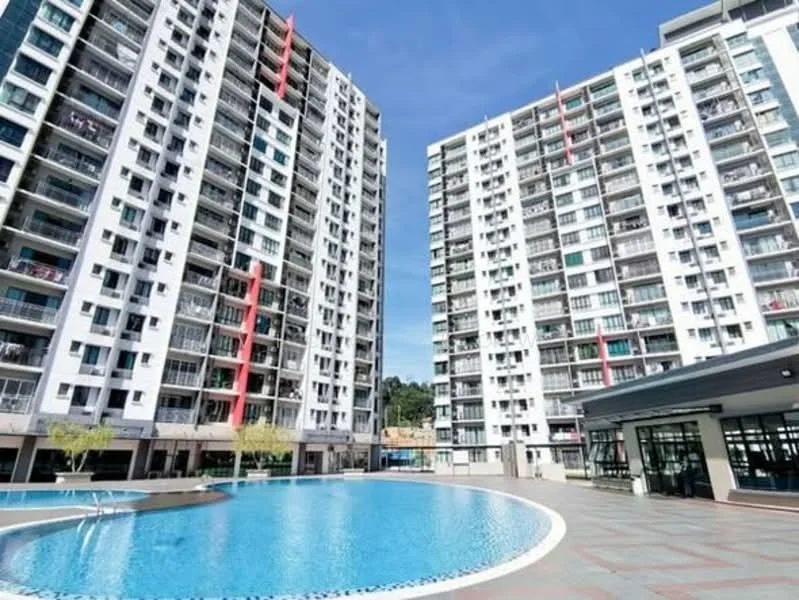 Exterior type: high-rise condominium; features: infinity pool, pool deck with loungers, two high-rise buildings, glass facade, balconies on each unit, landscaped garden area, paved walkway around the pool, outdoor seating area, surrounded by greenery; style: modern.